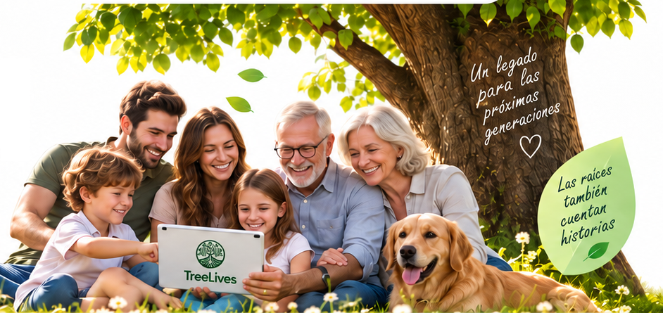 Familia de varias generaciones reunida bajo un árbol usando TreeLives